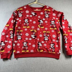 Disney Sweat Shirt Mickey Mouse Pullover Red Santa Hat Snowflakes Size L